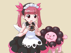  arms_up bare_arms blunt_bangs brown_background bubble_skirt commentary_request doughnut dress female food hair_ribbon holding holding_food kemurikusa layered_dress looking_to_the_side maid_headdress mister_donut open_mouth pon_de_lion pon_de_ring pxton red_eyes red_hair ribbon rina_(kemurikusa) shadow short_hair simple_background skirt sleeveless sleeveless_dress solo standing teeth twintails upper_teeth_only 