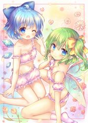  2girls ;d ahoge bare_arms bare_legs bare_shoulders barefoot bloomers blue_bow blue_eyes blue_hair blue_wings blush bow bra breasts cirno cleavage closed_mouth coa_(chroo_x) collaboration commentary_request daiyousei detached_sleeves fairy_wings green_hair groin hairbow honoka_chiffon ice ice_wings long_hair looking_at_viewer looking_to_the_side multiple_girls navel one_eye_closed one_side_up open_mouth panties puffy_short_sleeves puffy_sleeves short_sleeves sitting small_breasts smile socks soles strap_slip touhou transparent transparent_wings underwear underwear_only wariza white_bloomers white_bra white_legwear white_panties white_sleeves wings yellow_bow 