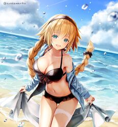  :d ayakawa_riku beach bikini black_bikini black_bow black_hairband blonde_hair blue_eyes blue_jacket blue_sky blurry bow braid breasts cleavage collarbone commentary_request day depth_of_field fate/apocrypha fate/grand_order fate_(series) female frilled_bikini frills front-tie_bikini_top front-tie_top hairband hairbow holding horizon jacket jeanne_d&#039;arc_(fate) jeanne_d&#039;arc_(swimsuit_archer)_(fate) jeanne_d&#039;arc_(swimsuit_archer)_(first_ascension)_(fate) large_breasts leaning_forward long_hair long_sleeves navel ocean off_shoulder open_clothes open_jacket open_mouth outdoors single_bare_shoulder single_braid sky smile solo stomach swimsuit thigh_gap thigh_strap towel twitter_username very_long_hair water water_drop 