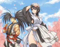  1boy bandages_over_clothes black_eyes black_hair black_legwear blue_sky breasts cherry_blossoms choker collarbone commentary_request cowboy_shot dango day eating female food gourd haoumaru iroha_(samurai_spirits) itouei japanese_clothes katana long_sleeves looking_at_another looking_away maid maid_headdress medium_breasts muscular no_panties parted_lips petals photoshop_(medium) ponytail samurai_spirits sheath sheathed sideboob sky smile sword thighhighs wagashi weapon wide_sleeves 