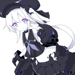  :o abyssal_ship bare_shoulders black_gloves black_hat black_sailor_collar black_serafuku black_shirt black_skirt cannon colored_skin commentary_request crop_top destroyer_princess dutch_angle female gloves hair_between_eyes hat highres ichi_(ichi.colors) kantai_collection long_hair looking_at_viewer midriff parted_lips pleated_skirt purple_eyes sailor_collar school_uniform serafuku shirt side_ponytail simple_background skirt sleeveless sleeveless_shirt solo turret very_long_hair white_background white_hair white_skin 