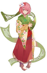  ai-chan_(pixiv29351299) bow commentary_request female flower full_body hair_flower hair_ornament hakama hakama_skirt hanging_scroll hieda_no_akyuu highres japanese_clothes kimono pink_eyes pink_hair red_bow red_hakama scroll short_hair simple_background skirt solo standing touhou white_background wide_sleeves 