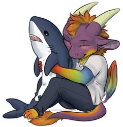  2018 alpha_channel ambiguous_gender anthro blahaj blush clothed clothing digital_media_(artwork) dragon fish hair horn ikea marine monstercheetah multicolored_body multicolored_scales mythological_creature mythological_scalie mythology orange_hair plushie rainbow_body rainbow_scales raynar scales scalie shark simple_background smile solo tail transparent_background 