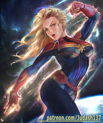  abs avenger blondie_hair blue_eyes body_suit breasts captain_marvel carol_danvers judash137 large long_hair marvel open_mouth skin_tight 