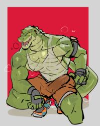  1boy 1male 2023 abs anthro anthro_focus anthro_only anthro_solo athletic athletic_anthro bulge bulge_through_clothing clothed clothed_male clothing crocodile crocodilian crocodylid digital_drawing_(artwork) digital_media_(artwork) erect_penis erection fingerless_gloves gloves kneeling male male_anthro male_focus male_only navel p0sporo pecs pectorals penis penis_outline reptile reptile_humanoid shoes smile smiley_face smiling solo solo_anthro solo_focus solo_in_panel solo_male steam steaming_body translucent_clothing wet_clothes wet_tank_top wey 