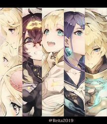  1boy 6+girls :d ahoge aladdin_(sinoalice) aqua_eyes artist_name blonde_hair blue_eyes blue_hair blue_little_pig_(sinoalice) collarbone column_lineup commentary_request dorothy_(sinoalice) earrings green_eyes green_little_pig_(sinoalice) grin hair_ornament hairclip highres hoshizaki_reita jewelry letterboxed looking_at_viewer looking_down looking_to_the_side messy_hair multiple_girls ningyo_hime_(sinoalice) open_mouth over-rim_eyewear purple_eyes purple_hair rapunzel_(sinoalice) red_little_pig_(sinoalice) sailor_collar semi-rimless_eyewear siblings sinoalice sisters smile split_crop teeth upper_teeth_only 