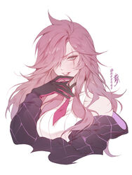  bare_shoulders battle_academia_(league_of_legends) battle_academia_katarina bebseo black_gloves blush collarbone commentary female gloves hair_over_one_eye highres jacket katarina_(league_of_legends) league_of_legends long_hair multicolored_clothes multicolored_gloves necktie parted_lips pink_gloves pink_hair pink_necktie scar scar_across_eye scar_on_face signature simple_background slit_pupils smile solo teeth turtleneck twitter_username upper_body white_background 