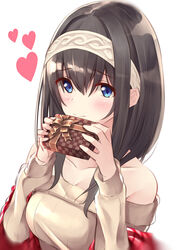  absurdres black_hair blue_eyes blush book breasts closed_mouth commentary_request female hair_between_eyes hairband heart highres holding holding_book idolmaster idolmaster_cinderella_girls large_breasts long_hair long_sleeves looking_at_viewer megurumiru off-shoulder_sweater off_shoulder photoshop_(medium) ribbed_sweater sagisawa_fumika shawl simple_background solo sweater white_background 