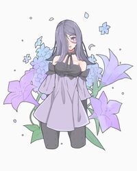  bad_id bad_twitter_id bare_shoulders black_legwear blue_flower breasts cropped_legs drag-on_dragoon drag-on_dragoon_3 dress female flower forehead_tattoo hair_over_one_eye head_tilt highres leaf long_hair looking_at_viewer medium_breasts number_tattoo pantyhose petals purple_eyes purple_flower purple_hair roman_numeral sleeves_past_elbows tattoo three_(drag-on_dragoon) toufu_(toufu_53) white_background 