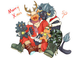  4:3 absurd_res anthro antlers boots bottomwear christmas clothed clothing duo felid footwear fur hair hi_res holidays horn krampus_(tas) lifewonders lion male male/male mammal mane muscular muscular_male pantherine plushie simple_background sonypanda tan_body tan_fur tokyo_afterschool_summoners tongue tongue_out topwear white_background yule_(tas) 