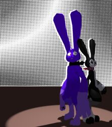  3d_(artwork) 4_fingers ambiguous/ambiguous ambiguous_gender digital_media_(artwork) duo featureless_crotch fingers fur gallil heterochromia imogen_vawst lagomorph leporid mammal mostly_nude pointilism purple_body purple_fur rabbit scarf simple_background size_difference smile standing twitch_cybul white_background 