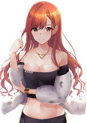  absurdres arisugawa_natsuha bare_shoulders black_shirt blush breasts brown_eyes cleavage closed_mouth collarbone commentary_request crop_top cropped_shirt female fur_jacket highres idolmaster idolmaster_shiny_colors jacket long_hair looking_at_viewer medium_breasts megurumiru midriff navel off_shoulder red_hair shirt simple_background smile solo swept_bangs white_background white_jacket 