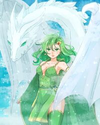  bad_id bad_twitter_id bare_shoulders breasts cape cleavage closed_mouth collarbone detached_sleeves dragon dress earrings female final_fantasy final_fantasy_iv green_cape green_dress green_hair green_legwear hair_ornament highres jewelry long_hair long_sleeves medium_breasts mist_dragon rydia_(ff4) sleeves_past_wrists star_(symbol) star_earrings star_hair_ornament star_print thighhighs toufu_(toufu_53) wide_sleeves 