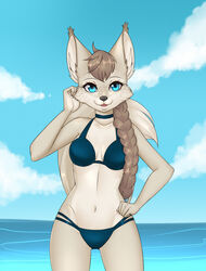  beach bikini bikini_bottom bikini_top braided_hair breasts canid canine canis cleavage clothed clothing eyewear felid feline female godje_(nightdancer) hair hi_res hybrid looking_at_viewer lynx mammal midriff pinup pose seaside simple_background solo spots sunglasses swimwear wolf yonachka_doki 