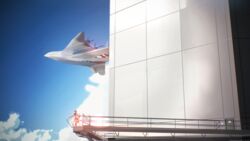  ace_combat ace_combat_7 aircraft airplane arsenal_bird artist_name bad_id bad_pixiv_id blue_sky building cloud copyright_name female helmet highres kowaremashita railing rosa_cossette_d&#039;elise scaffolding sky solo tower 