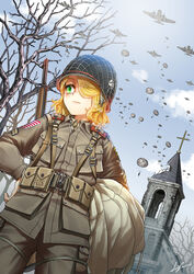  aircraft airplane bad_id bad_pixiv_id bare_tree blonde_hair church combat_helmet commentary cross day dutch_angle female freckles green_eyes gun gun_on_back hair_over_one_eye hands_on_own_hips helmet invasion_stripes kws latin_cross long_sleeves m1_helmet medium_hair military military_uniform original outdoors parachute photoshop_(medium) revision rifle ruins signature soldier solo_focus steeple tree uniform united_states_army weapon weapon_on_back world_war_ii 