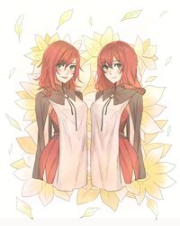  2girls bad_id bad_twitter_id devola dress flower green_eyes hair_between_eyes highres long_hair long_sleeves looking_at_viewer multiple_girls nier nier_(series) petals popola red_dress red_hair siblings sisters smile tabard toufu_(toufu_53) twins white_background yellow_flower 