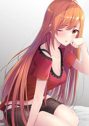  absurdres accidental_exposure arisugawa_natsuha bike_shorts black_panties black_shorts blush breasts brown_eyes cleavage clothes_pull collarbone commentary_request female gradient_background highres idolmaster idolmaster_shiny_colors long_hair looking_at_viewer medium_breasts megurumiru one_eye_closed panties parted_lips red_hair red_shirt shirt shorts shorts_pull smile solo swept_bangs t-shirt thighs underwear 