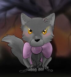  2019 angry blush bow_tie canid canine canis chains digital_media_(artwork) european_mythology fenrir_(disambiguation) fur grey_body grey_fur hi_res legend looking_at_viewer mammal mythology norse_mythology pink_bow_tie quadruped sa-chat simple_background sitting solo wolf yellow_eyes 