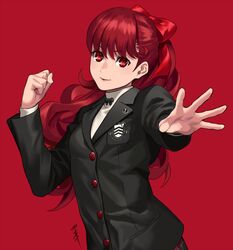  bad_id bad_pixiv_id black_jacket bow clenched_hand female floating_hair hair_between_eyes hairbow jacket long_hair long_sleeves looking_at_viewer outstretched_arm parted_lips persona persona_5 persona_5_the_royal red_background red_bow red_eyes red_hair school_uniform shuujin_academy_school_uniform simple_background smile solo sora_yoshitake_yuda sweater turtleneck turtleneck_sweater upper_body very_long_hair white_sweater yoshizawa_kasumi 