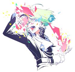  1boy ahoge ascot black_gloves black_jacket commentary_request earrings fire gloves green_hair half_gloves jacket jewelry lio_fotia male_focus open_mouth promare purple_eyes pyrokinesis signature solo yukihiko 