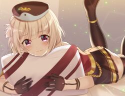  ass azur_lane bad_id bad_pixiv_id bed beret black_gloves black_thighhighs blonde_hair blush commentary_request female gloves hair_bun hat hugging_object legs_up leipzig_(azur_lane) looking_at_viewer lying nonozaki on_stomach pillow pillow_hug pink_eyes platinum_blonde_hair short_hair single_hair_bun solo thighhighs 