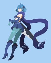  aqua_pantyhose bad_id bad_twitter_id black_flower blue_background blue_eyes blue_hair boots closed_mouth drag-on_dragoon drag-on_dragoon_3 elbow_gloves female flower gloves gradient_background hair_between_eyes hair_flower hair_ornament high_heel_boots high_heels highres holding holding_sword holding_weapon pantyhose purple_footwear purple_gloves purple_scarf scarf short_hair solo sword toufu_(toufu_53) two_(drag-on_dragoon) weapon 