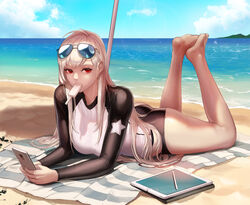  absurdres ass barefoot beach blonde_hair cellphone day dungeon_and_fighter eyewear_on_head female female_slayer_(dungeon_and_fighter) food food_in_mouth highres holding holding_phone legs_up lens_flare long_hair looking_at_viewer lying mole mole_on_ass monaim ocean on_stomach phone popsicle red_eyes solo sunglasses sweat swimsuit the_pose wetsuit 