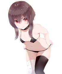  asymmetrical_legwear bandaged_leg bandages bare_arms bare_shoulders bikini bikini_pull black_bikini black_choker black_hair black_thighhighs breasts breasts_apart choker closed_mouth clothes_pull collarbone commentary covered_nipples cowboy_shot female groin hair_between_eyes highres kono_subarashii_sekai_ni_shukufuku_wo! leaning_forward looking_at_viewer megumin mengo mismatched_legwear navel pulling_own_clothes red_eyes short_hair_with_long_locks sidelocks simple_background single_thighhigh small_breasts smile solo standing stomach strap_gap swimsuit thighhighs underboob white_background 