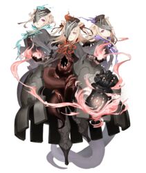  3girls animal_ears black_hair black_skin blonde_hair blue_little_pig_(sinoalice) bracer cloak colored_skin dark_persona double_bun empty_eyes expressionless eyes_visible_through_hair full_body ghost_tail glowing_tattoo gradient_hair green_little_pig_(sinoalice) hair_bun hair_ribbon half-nightmare hat ji_no lantern long_hair looking_at_viewer multicolored_hair multicolored_skin multiple_girls official_art one_eye_covered pale_skin parted_lips pig_ears purple_eyes red_little_pig_(sinoalice) ribbon siblings sinoalice sisters tattoo tentacle torn_cloak torn_clothes transparent_background 