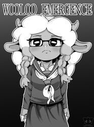  2019 absurd_res anthro anthrofied big_hair big_head bovid braided_hair breasts caprine cleavage clothed clothing crossover digital_media_(artwork) dress emergence eyelashes eyewear female front_view frown fully_clothed fur generation_8_pokemon glasses gradient_background grey_background greyscale hair half-length_portrait heart_nose heart_symbol hi_res horizontal_pupils horn looking_at_viewer mammal meme monochrome nintendo outline parody pokemon pokemon_(species) pokemorph portrait pupils school_uniform simple_background small_horn smaller_version_at_source solo standing superbinario title uniform wooloo 