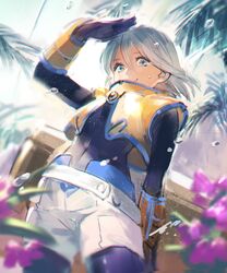  1boy absurdres androgynous black_pantyhose bomssp chaos_(xenosaga) commentary_request highres male_focus pantyhose pantyhose_under_shorts salute short_hair shorts smile solo summer sweat vest white_hair white_shorts xenosaga 