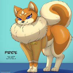  1:1 blue_eyes canid canine canis clothing domestic_dog female fur head_tuft hi_res jacket kuroodod mammal multicolored_body multicolored_fur neck_tuft pride_(changing_fates) shiba_inu simple_background smile spitz thick_thighs topwear tuft two_tone_body two_tone_fur 