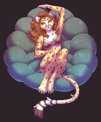  2019 4_toes anthro bra breasts brown_hair cheetah clothing digital_media_(artwork) feet felid feline female fur hair hi_res lingerie lying mammal markings mia_amaya on_back rayley smile solo spots spotted_body spotted_fur toes underwear yellow_eyes 