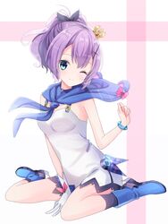  ;) azur_lane between_legs black_ribbon black_socks blue_footwear blush boots breasts camisole closed_mouth commentary_request crown female full_body gloves green_eyes hair_between_eyes hair_ribbon hand_between_legs hand_up head_tilt high_ponytail javelin_(azur_lane) kneehighs mini_crown one_eye_closed plaid plaid_skirt ponytail purple_eyes purple_skirt ribbon see-through sidelocks single_glove sitting skirt small_breasts smile socks solo suzume_anko tilted_headwear wariza white_camisole white_gloves 