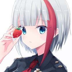  admiral_graf_spee_(azur_lane) admiral_graf_spee_(girl&#039;s_sunday)_(azur_lane) azur_lane black_shirt blue_eyes blush collared_shirt commentary_request female fingernails food fruit hand_up holding holding_food looking_at_viewer multicolored_hair necktie official_alternate_costume parted_lips red_hair red_necktie shirt simple_background solo strawberry streaked_hair suzume_anko upper_body white_background white_hair 