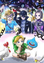  amamiya_ren bird black_hair blonde_hair blue_eyes brown_hair cape champion&#039;s_tunic_(zelda) chicken commentary_request crossover dharkon dragon_quest dragon_quest_xi dual_persona earrings fingerless_gloves gloves hero_(dq11) highres jewelry kicdon link looking_at_viewer male_focus mask multiple_boys pants persona persona_5 plaid plaid_pants pointy_ears ponytail red_eyes red_gloves slime_(creature) slime_(dragon_quest) smile super_smash_bros. sword the_legend_of_zelda the_legend_of_zelda:_breath_of_the_wild the_legend_of_zelda:_majora&#039;s_mask the_legend_of_zelda:_ocarina_of_time tunic weapon young_link 