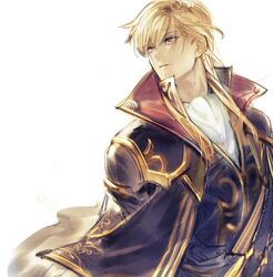  1boy ares_(fire_emblem) ascot blonde_hair bomssp cape collar commentary_request fire_emblem fire_emblem:_genealogy_of_the_holy_war looking_back male_focus sidelocks solo vest waistcoat 