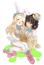  2girls :q alternate_costume andou_(girls_und_panzer) animal_ears animal_print bad_id bad_twitter_id basket black_hair blonde_hair blue_bow blue_bowtie blue_eyes blush boots bow bowtie brown_eyes brown_headwear brown_shirt cake carrot_print closed_eyes closed_mouth collared_vest commentary cross-laced_footwear dark-skinned_female dark_skin drill_hair easter fake_ad food food_on_face food_print fork frilled_skirt frills full_body fur-trimmed_boots fur_trim girls_und_panzer hair_ribbon hat head_tilt high-waist_skirt holding holding_basket holding_fork holding_saucer kumasawa_(dkdkr) lace-up_boots layered_skirt long_hair looking_at_another marie_(girls_und_panzer) medium_hair messy_hair microskirt mini_hat mini_top_hat multiple_girls open_mouth pink_footwear print_vest rabbit_ears rabbit_print ribbon saucer shirt short_sleeves sitting sitting_on_lap sitting_on_person skirt smile thighhighs tongue tongue_out top_hat vest white_background white_egret white_shirt white_skirt white_vest 