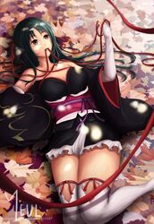  bad_id bad_pixiv_id bare_shoulders black_eyes black_hair black_kimono breasts cleavage criss-cross_halter dappled_sunlight day detached_sleeves feet_out_of_frame female hair_ribbon halterneck highres holding holding_ribbon japanese_clothes kimono large_breasts long_hair lying machine-doll_wa_kizutsukanai mouth_hold obi on_back photoshop_(medium) red_ribbon ribbon ribbon_in_mouth sash short_kimono solo strapless sunlight thighhighs watermark web_address white_thighhighs wide_sleeves yaya_(machine-doll) yugyeom 