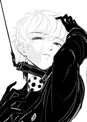  1boy 9s_(nier:automata) ball_gag blush collar commentary_request gag gag_around_neck gloves greyscale half-closed_eyes high_contrast highres imizu_(nitro_unknown) jacket leash leash_pull looking_at_viewer male_focus monochrome nier:automata nier_(series) no_blindfold pose short_hair slap_mark solo unworn_gag 