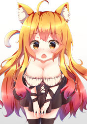  :o absurdres ahoge animal_ear_fluff animal_ears arm_ribbon bad_id bad_pixiv_id bare_shoulders black_dress black_thighhighs blonde_hair blush breasts cat_ears cat_tail cleavage commentary_request cowboy_shot dress female gradient_background gradient_hair grey_background highres large_breasts layered_dress leaning_forward long_hair looking_at_viewer multicolored_hair oerba_yun_fang orange_eyes original ribbon sachisudesu shnva_(style) skin_fang sleeveless sleeveless_dress solo standing tail thighhighs very_long_hair white_background 