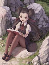  artist_name ascot black_footwear bow brown_eyes brown_hair brown_pantyhose dress female grass hair_pulled_back hairbow letdie1414 long_hair looking_at_viewer mary_janes open_mouth outdoors pantyhose photoshop_(medium) pinafore_dress pokemon pokemon_oras red_ascot red_bow rock roxanne_(pokemon) shoes sitting sleeveless sleeveless_dress smile solo twintails very_long_hair watermark web_address 