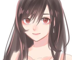  bad_id bad_twitter_id black_hair closed_mouth earrings female final_fantasy final_fantasy_vii hair_between_eyes jewelry long_hair looking_at_viewer portrait red_eyes simple_background smile solo tifa_lockhart toufu_(toufu_53) white_background 