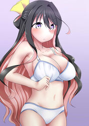  black_hair bra breasts cleavage collarbone commentary_request cowboy_shot female gradient_background hair_ribbon kantai_collection kashiwamochi_(kashiwakashiwa) large_breasts long_hair multicolored_hair naganami_(kancolle) navel panties pink_hair purple_background ribbon solo standing two-tone_hair underwear underwear_only wavy_hair white_bra white_panties yellow_ribbon 