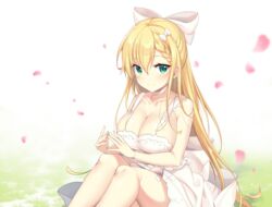  anthro azur_lane blonde_hair bow braids breasts choker cleavage cropped dress forbin_(azur_lane) grass green_eyes ikomochi long_hair petals white wristwear 