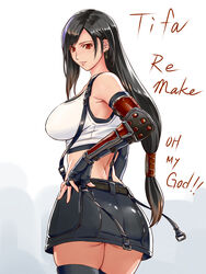  armpit_crease ass bare_shoulders belt black_skirt breasts brown_hair commentary_request crop_top earrings elbow_gloves english_text female final_fantasy final_fantasy_vii final_fantasy_vii_remake fingerless_gloves from_behind gloves highres jewelry long_hair looking_back low-tied_long_hair medium_breasts midriff miniskirt red_eyes skirt smile solo suspender_skirt suspenders switch01 tank_top tifa_lockhart 