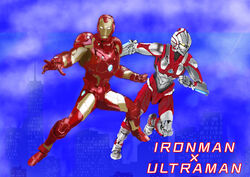  2boys absurdres armor blue_background blue_eyes city cityscape cloud cloudy_sky commentary_request crossover eqbal_lynx full_armor gauntlets glowing glowing_eyes helmet highres iron_man iron_man_(series) male_focus marvel mask multiple_boys power_armor sky superhero_costume ultra_series ultraman ultraman_(hero&#039;s_comics) ultraman_suit weapon white_eyes 