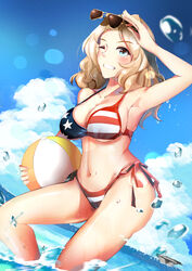  aircraft_carrier american_flag american_flag_bikini american_flag_print ball beachball bikini blonde_hair blue_eyes blue_sky cloud commentary_request day dutch_angle eyewear_on_head female flag_print girls_und_panzer grin hair_intakes highres horizon kay_(girls_und_panzer) kowaremashita long_hair md5_mismatch military military_vehicle navel ocean one_eye_closed outdoors print_bikini resolution_mismatch ship side-tie_bikini_bottom sky smile solo source_larger splashing stomach sunglasses swimsuit warship watercraft 