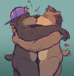  2019 anthro ass bear belly closed_eyes clothing countershading duo hat headgear headwear heart_symbol hug humanoid_hands kissing male male/male mammal minedoo simple_background slightly_chubby 